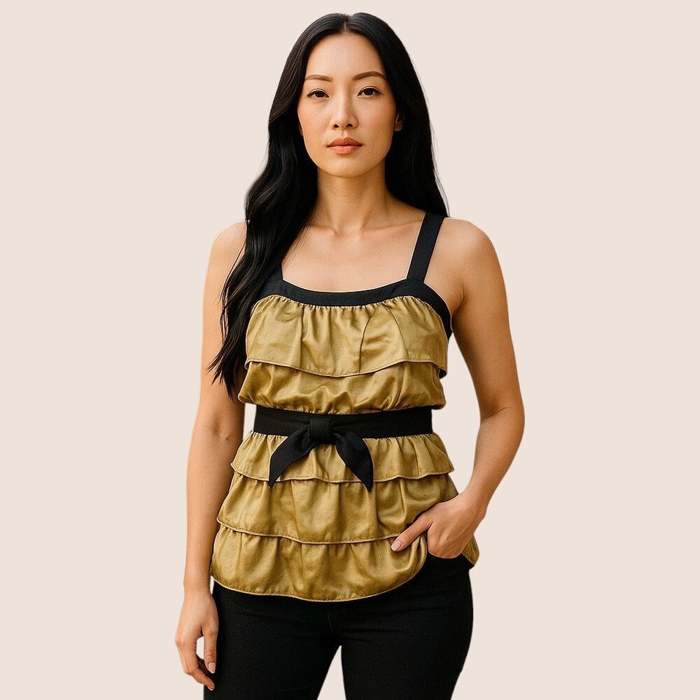 Lanvin Gold Silk Ruffle Sleeveless Top